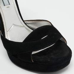 Prada Black Suede Ankle Strap Platform Block Heel Sandals Size 37.5