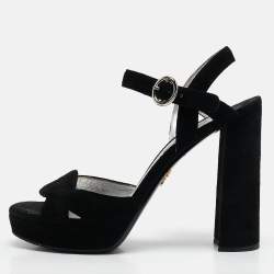 Prada Black Suede Ankle Strap Platform Block Heel Sandals Size 37.5