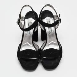 Prada Black Suede Ankle Strap Platform Block Heel Sandals Size 37.5