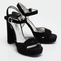 Prada Black Suede Ankle Strap Platform Block Heel Sandals Size 37.5