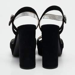 Prada Black Suede Ankle Strap Platform Block Heel Sandals Size 37.5