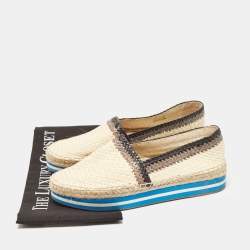 Prada Cream/Brown Woven Leather Slip On Espadrille Flats Size 39