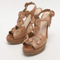 Prada Light Brown Leather Cut Out Platform Ankle Strap Sandals Size 36