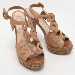 Prada Light Brown Leather Cut Out Platform Ankle Strap Sandals Size 36