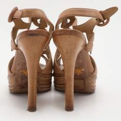 Prada Light Brown Leather Cut Out Platform Ankle Strap Sandals Size 36