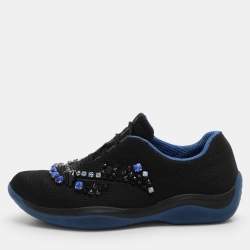 Prada Black Mesh Crystal Embellished Slip On Sneakers Size 36
