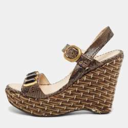 Prada Brown Python Leather Wedge Ankle Strap Sandals Size 39