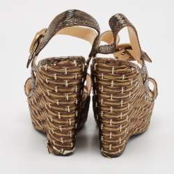 Prada Brown Python Leather Wedge Ankle Strap Sandals Size 39