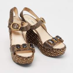 Prada Brown Python Leather Wedge Ankle Strap Sandals Size 39
