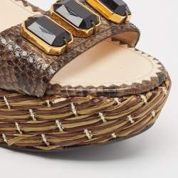Prada Brown Python Leather Wedge Ankle Strap Sandals Size 39
