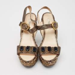 Prada Brown Python Leather Wedge Ankle Strap Sandals Size 39