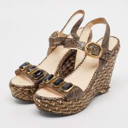 Prada Brown Python Leather Wedge Ankle Strap Sandals Size 39