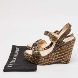 Prada Brown Python Leather Wedge Ankle Strap Sandals Size 39
