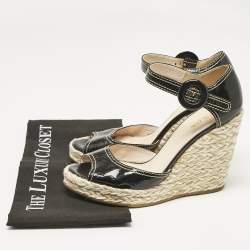 Prada Black Patent Leather Wedge Ankle Strap Sandals Size 38.5