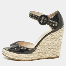 Prada Black Patent Leather Wedge Ankle Strap Sandals Size 38.5