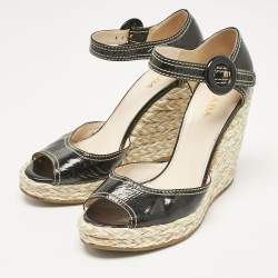 Prada Black Patent Leather Wedge Ankle Strap Sandals Size 38.5