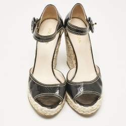 Prada Black Patent Leather Wedge Ankle Strap Sandals Size 38.5