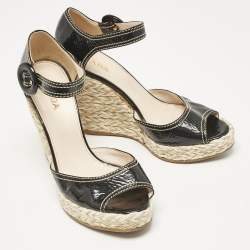 Prada Black Patent Leather Wedge Ankle Strap Sandals Size 38.5