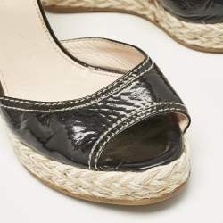 Prada Black Patent Leather Wedge Ankle Strap Sandals Size 38.5
