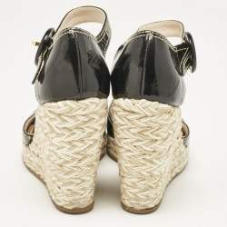 Prada Black Patent Leather Wedge Ankle Strap Sandals Size 38.5