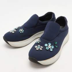 Prada Blue Nylon Catch Me If You Can Crystal Embellished Slip On Sneakers Size 35.5