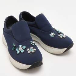 Prada Blue Nylon Catch Me If You Can Crystal Embellished Slip On Sneakers Size 35.5