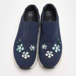 Prada Blue Nylon Catch Me If You Can Crystal Embellished Slip On Sneakers Size 35.5