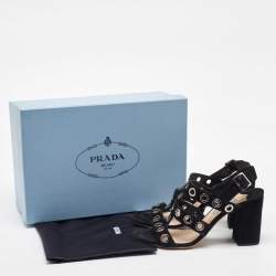 Prada Black Suede Grommet Block Heel Slingback Sandals Size 37.5