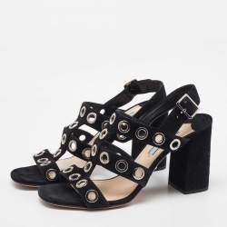  Prada Black Suede Grommet Block Heel Slingback Sandals Size 37.5
