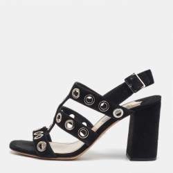  Prada Black Suede Grommet Block Heel Slingback Sandals Size 37.5