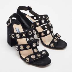  Prada Black Suede Grommet Block Heel Slingback Sandals Size 37.5