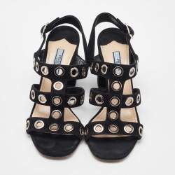  Prada Black Suede Grommet Block Heel Slingback Sandals Size 37.5