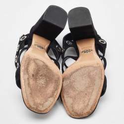 Prada Black Suede Grommet Block Heel Slingback Sandals Size 37.5