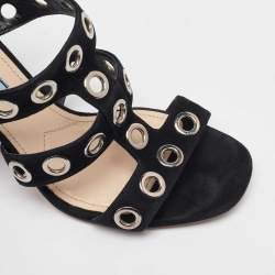  Prada Black Suede Grommet Block Heel Slingback Sandals Size 37.5