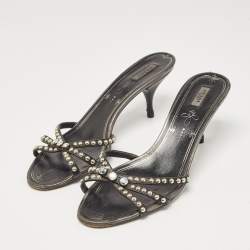 Prada Metallic Leather Crystal Embellished Slide Sandals Size 39.5