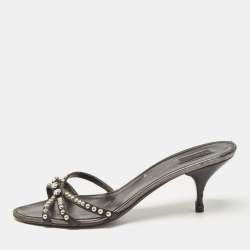 Prada Metallic Leather Crystal Embellished Slide Sandals Size 39.5