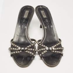 Prada Metallic Leather Crystal Embellished Slide Sandals Size 39.5