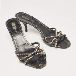 Prada Metallic Leather Crystal Embellished Slide Sandals Size 39.5