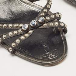 Prada Metallic Leather Crystal Embellished Slide Sandals Size 39.5