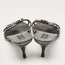 Prada Metallic Leather Crystal Embellished Slide Sandals Size 39.5