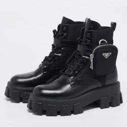 Prada Black Leather and Nylon Monolith Ankle Boots Size 38.5