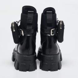 Prada Black Leather and Nylon Monolith Ankle Boots Size 38.5