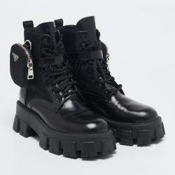 Prada Black Leather and Nylon Monolith Ankle Boots Size 38.5