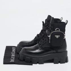 Prada Black Leather and Nylon Monolith Ankle Boots Size 38.5