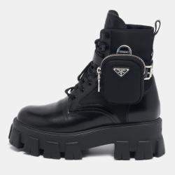 Prada Black Leather and Nylon Monolith Ankle Boots Size 38.5