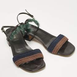 Prada Multicolor Crochet and Feather Ankle Strap Sandals Size 37.5