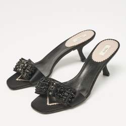Prada Black Satin Bow Embellished Slide Sandals Size 36.5