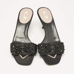 Prada Black Satin Bow Embellished Slide Sandals Size 36.5