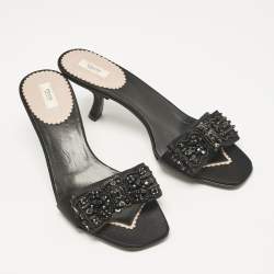 Prada Black Satin Bow Embellished Slide Sandals Size 36.5