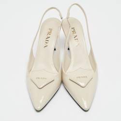 Pre Owned Prada Cream Patent Leather Logo Pointed Toe Slingback Pumps Size 36